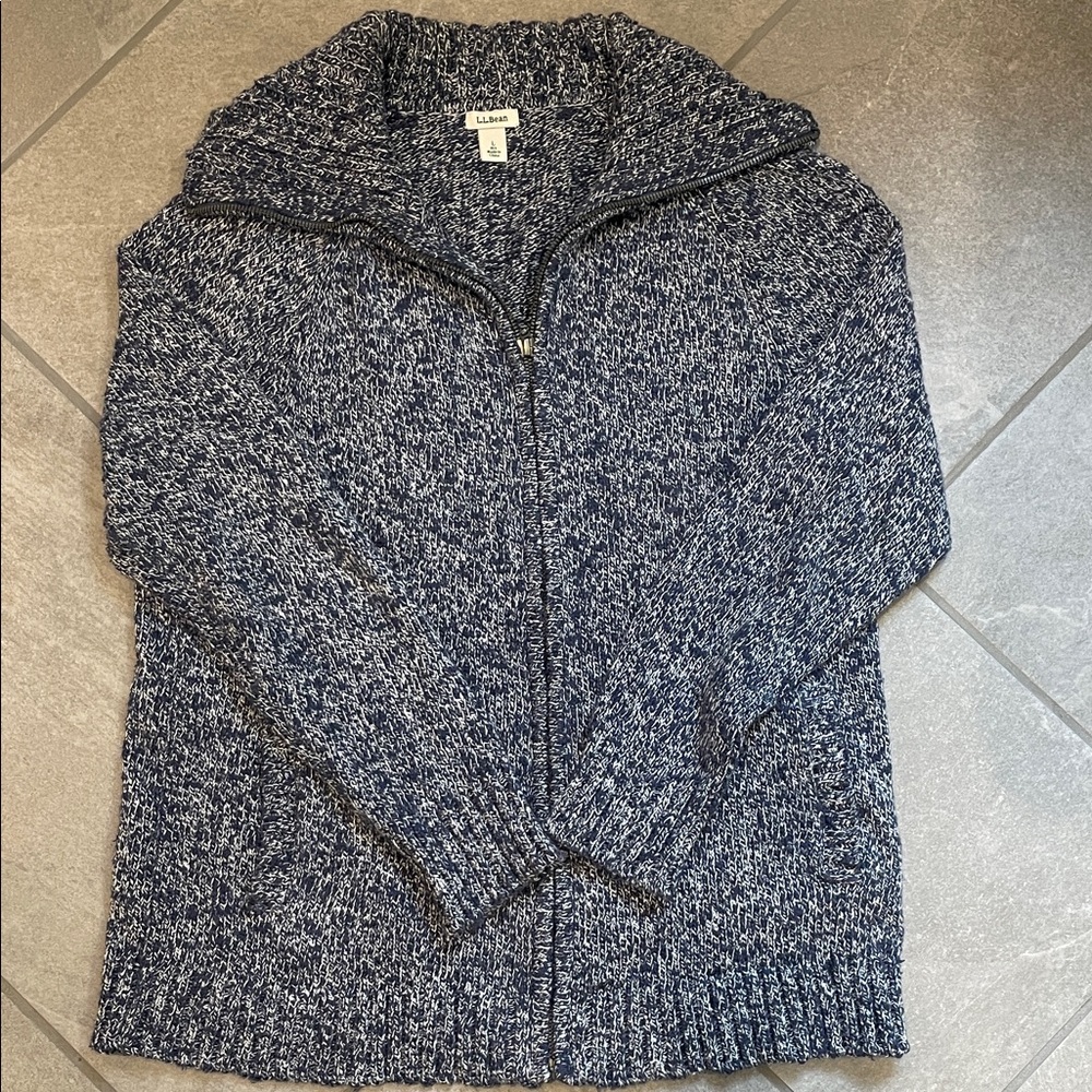L.L. Bean Navy and White Knit Women’s Full Zip Cardigan Sweater 100% Cotton